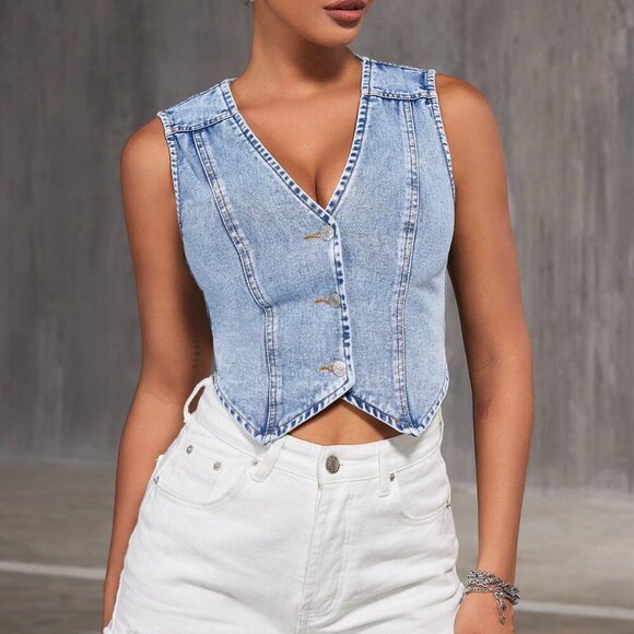 Blue Casual Women's Denim Vest Top - Picture 6 of 6